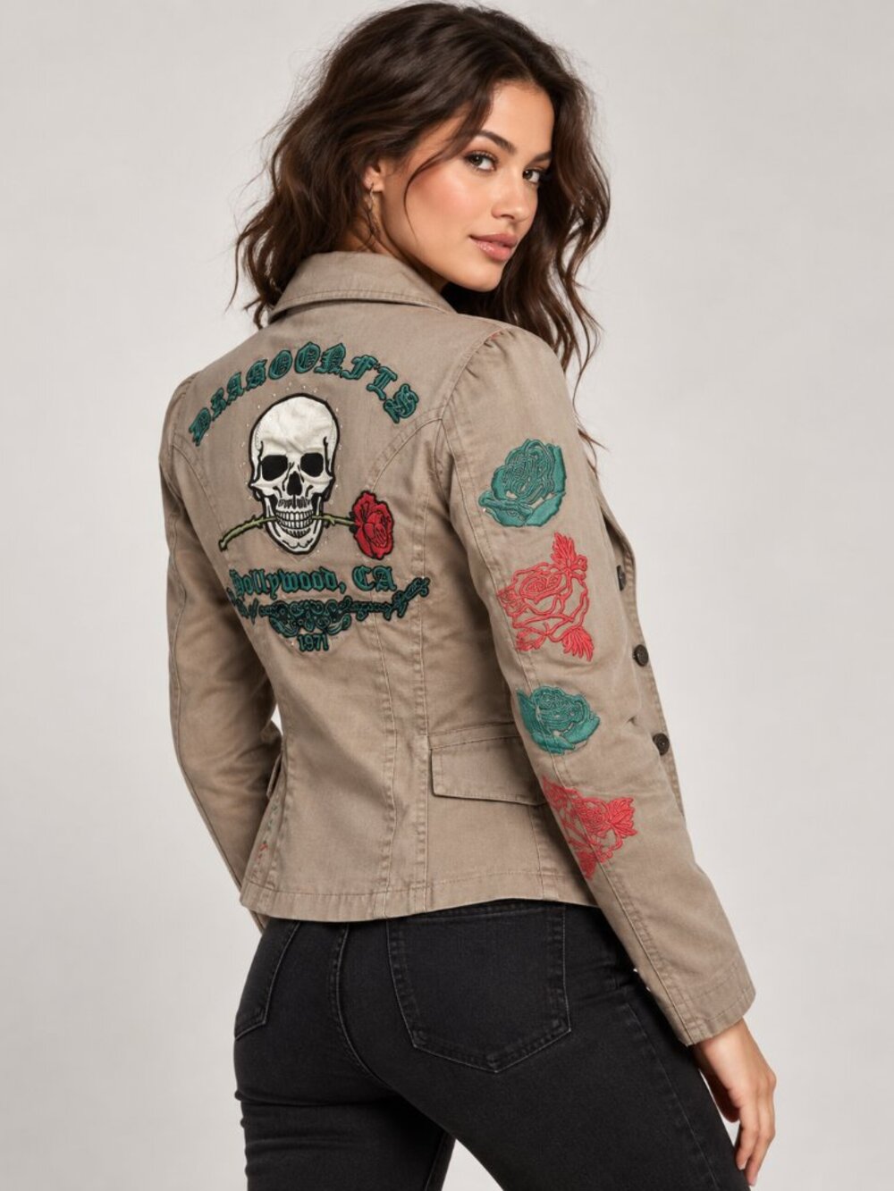 Gently used Dragonfly Clothing Women's Skull and Rose Blazer Beige Size S
